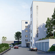 3-D-Rendering des zukünftigen Gesundheitscampus in Remscheid, Zufahrt